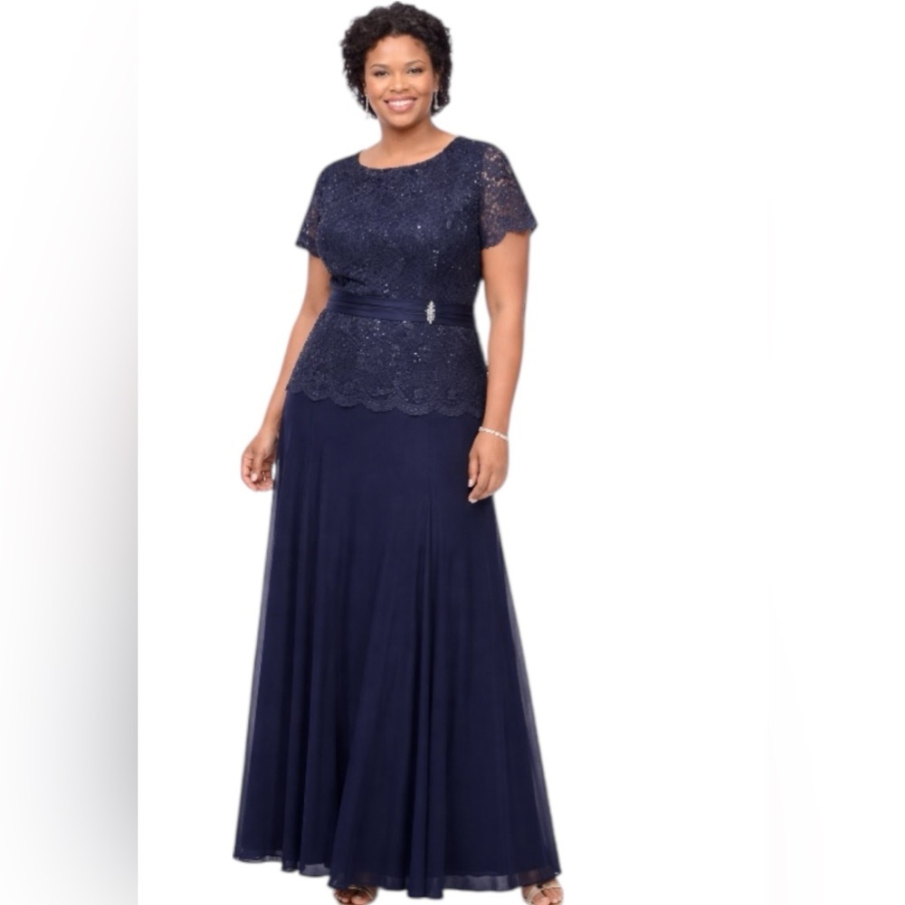 Blu Sage Navy Lace Top Formal Evening Gown Plus Size 22W Elegant Long Dress NWT
